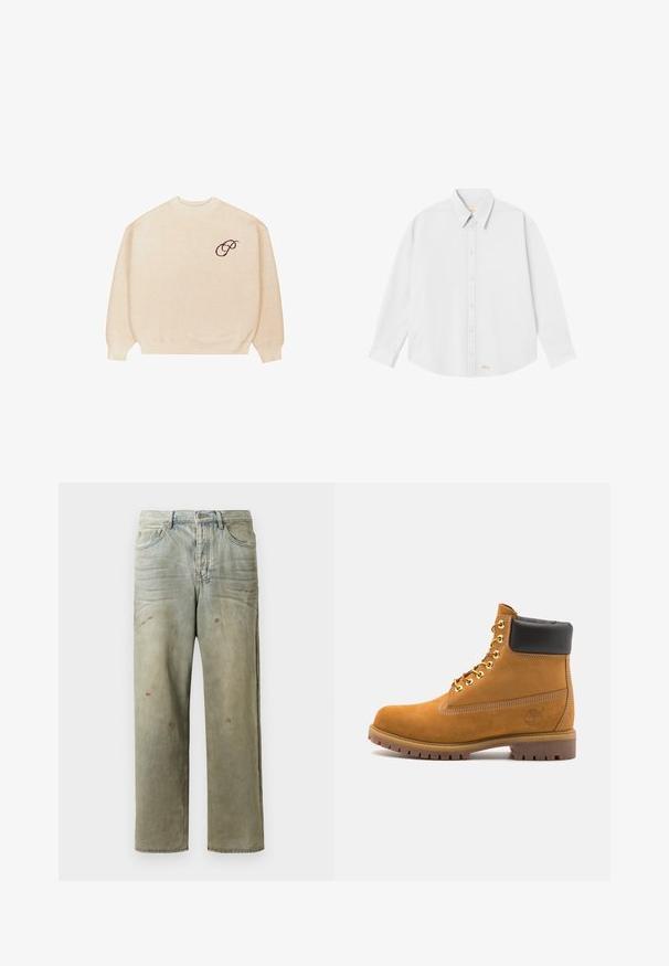 Maglione beige a maniche lunghe, con colletto girocollo e polsini a coste, con un piccolo ricamo scuro a forma di "P" sul lato sinistro del petto.; Camicia bianca con colletto classico, maniche lunghe e orlo arrotondato; presenta un piccolo logo arancione sul lato sinistro in basso.; Jeans in denim strappato di colore verde chiaro, con gamba dritta, design a cinque tasche, sbiaditure irregolari e schizzi di vernice.; Stivale alla caviglia in suede tan con collare imbottito nero, occhielli in metallo dorato, dettagli in cucitura bianca e suola in gomma robusta con battistrada pronunciato.