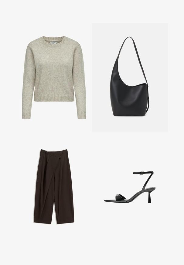 Světle béžový svetr pro ženy vyrobený z měkké pleteniny, s kulatým výstřihem a žebrovanými manžetami a spodním lemem. Klasický, rovný střih.; Tmavě hnědé široké kalhoty s vysokým pasem, vybavené jedním tlačítkem na zapínání a plisovaným předním dílem. Vyrobené z lehkého materiálu.; Bershka Sandály na vysokém podpatku - black; Černá kožená hobo taška s hladkým povrchem, zakřiveným tvarem a jedním nastavitelným popruhem; má široké otevírání nahoře.