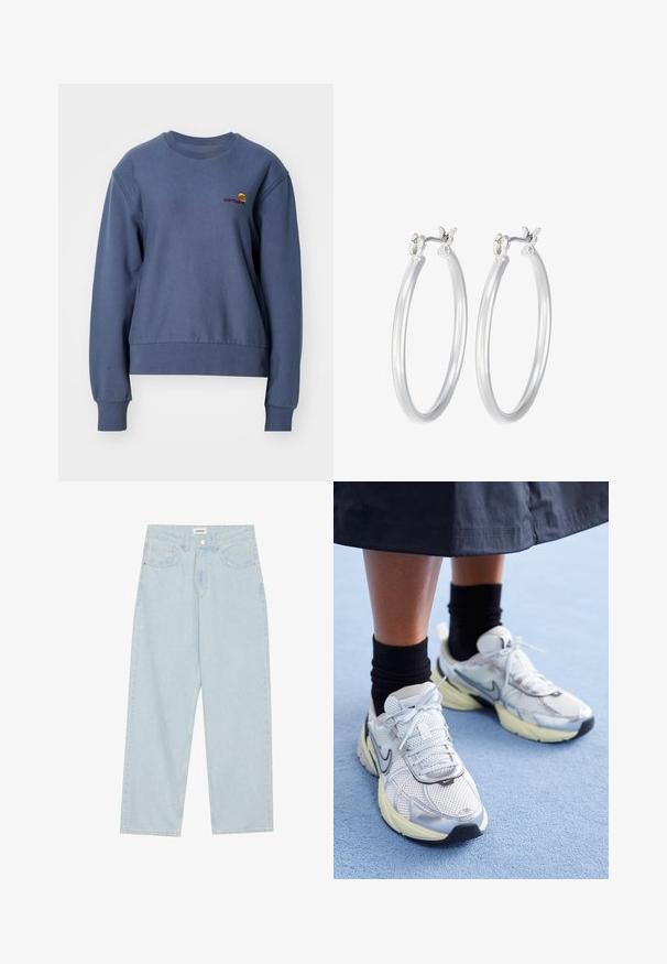 Carhartt WIP AMERICAN SCRIPT - Sweatshirt - positano; T-shirt à manches longues blanc côtelé avec un col rond. Fabriqué en un tissu extensible qui épouse le corps. Présente de fines lignes horizontales.; Jeans en denim bleu clair à large jambe, avec une taille mi-haute, cinq poches et une fermeture à bouton avec un accent métallique fin.; Baskets Nike blanches et argentées avec tissu en maille, accents réfléchissants et semelle beige. Portées avec des chaussettes noires, se tenant sur une surface bleue.; Boucles d'oreilles en argent avec une finition lisse et polie. Forme ronde et fermeture à clip sécurisée. Design léger adapté pour un port quotidien.
