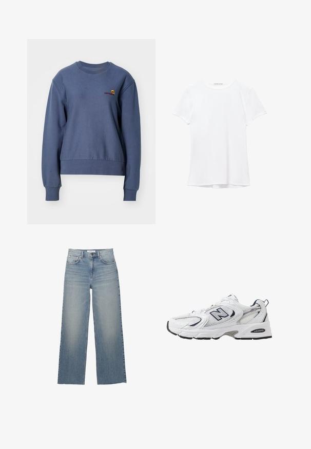 Carhartt WIP - Bluza; Biały krótki rękaw t-shirt wykonany z gładkiego materiału, z okrągłym dekoltem i subtelnymi detalami szycia na dole.; Jasnoniebieskie jeansy o szerokich nogawkach, wykonane z dżinsu, z wysokim stanem, kieszeniami z przodu i zapięciem na guzik. Gładka tekstura z wyblakłymi miejscami.; Białe sportowe buty z siateczkową cholewką, granatowymi akcentami i wyściełaną podeszwą. Posiadają logo "N", sznurówki oraz teksturowany detal po boku.