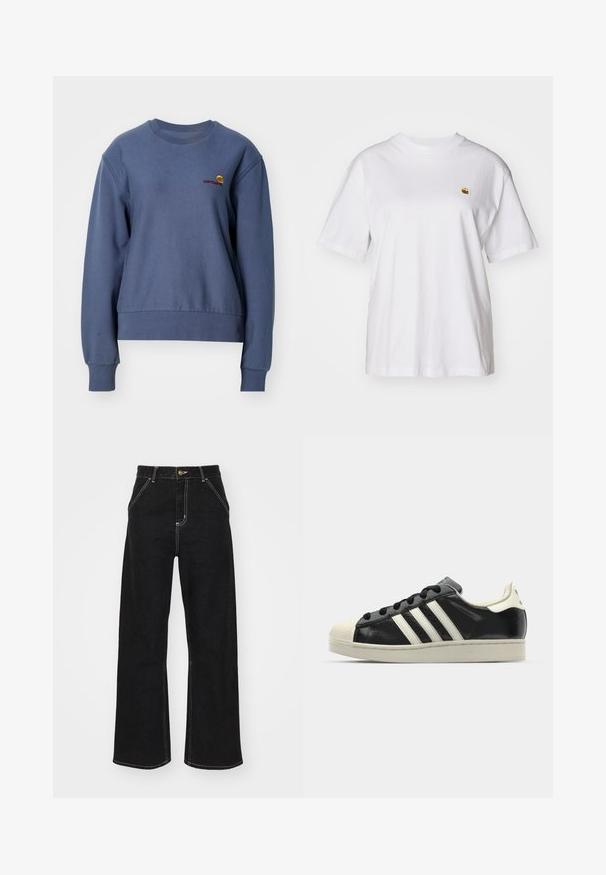 Carhartt WIP AMERICAN SCRIPT - Pusa - positano; Valge puuvillane T-särk, millel on lõdva lõikega, lühikesed varrukad ja väike broderi logo vasakul rinnakarpi.; Mustmustest mustadest denimist, millel on kontrastsed valged õmblused ja esine nupp, kahe nurga all asuva esipocketiga.; Must have nahkased mustad tossud valgete triipudega, kummist varbakattega, mustade paeltega ja kreemika värvusega tallaga. Sile tekstuur ja läikiv viimistlus.