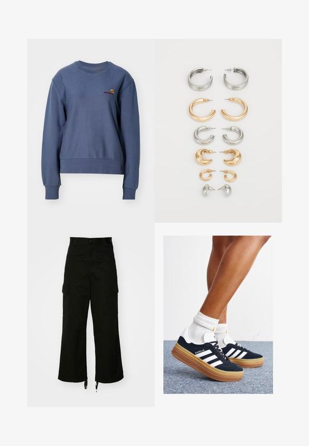 Carhartt WIP AMERICAN SCRIPT - Sweatshirt - positano; Pantalons cargo noirs en coton, dotés de jambes larges, de poches latérales et d'ourlets à cordon de serrage. Le design comprend un bouton de fermeture à la taille.; Baskets en daim noir avec des rayures et des accents blancs, bout arrondi, semelle extérieure en caoutchouc gomme, associées à des chaussettes blanches côtelées mi-mollet.; Ensemble de huit boucles d'oreilles en métal aux teintes argentées et dorées. Comprend différents styles de créoles, textures et fins, classés par taille.