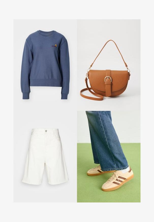 Carhartt WIP AMERICAN SCRIPT - Felpa - positano; Bermuda di jeans bianchi a vita alta, con chiusura frontale a bottone, due tasche laterali e una vestibilità comoda. Tessuto liscio senza motivi visibili.; Sneakers beige con pannelli texturizzati crema e strisce marroni, abbinati a jeans in denim blu. I jeans hanno un taglio largo e orlo sfilacciato.; Borsa a tracolla in pelle marrone con forma curvata, hardware dorato e un dettaglio con fibbia. Presenta una tracolla rimovibile.