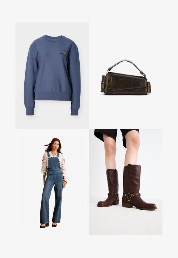 Carhartt WIP AMERICAN SCRIPT - Sweatshirt - positano; Salopette en denim avec un design festonné au niveau du bavoir, jambes évasées et poches latérales. Associée à un blouse blanche brodée et des accessoires en bois.; Bottes en cuir marron jusqu'au genou avec un bout arrondi, une surface texturée, une sangle au niveau de la cheville et des détails en métal argenté ; talon empilé.; Sac à main en cuir marron avec un design géométrique, doté d'une poignée supérieure et de détails en laiton sur la fermeture éclair. Logo embossé sur le côté.