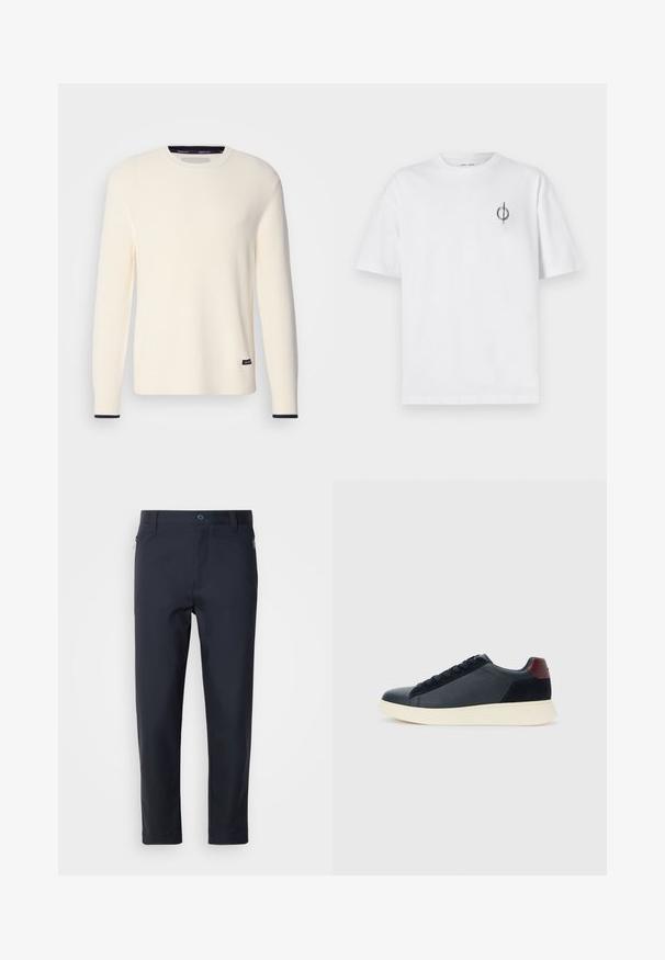 Ribota krēma džemperis ar apaļu apkakli, garām piedurknēm un tumši zilu akcentu pie piedurknēm. Iezīmēts ar mazu logotipa tagu apakšmalā.; Bāla kokvilnas t-kreklu ar brīvu piegulšanu, kuram uz kreisā krūšu apvidus ir neliels melns grafiskais logotips. Īsas piedurknes, apaļas kakla izgriezums.; Navy zila piegrieztu bikses no gludas auduma, ar rāvējo jāšanu kabatu, taisnām kājām un pogu aizdari jostasvietā.; Zemāko vīriešu sporta apavu modelis melnā ādas un zamša apdarē ar bordo krāsas papēža cilpu un baltu gumijas zoli, skatoties no ārējās puses.