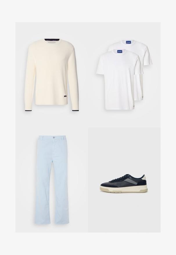 Rippierter Cremepullover mit Rundhalsausschnitt, langen Ärmeln und einem marineblauen Akzent an den Bündchen. Verfügt über ein kleines Logotag am Saum.; Weiße Baumwoll-T-Shirts mit Rundhalsausschnitten und kurzen Ärmeln, versehen mit blauen "HUGO"-Etiketten am Hals und kleinen Akzenten am Saum.; Helle blaue Baumwollhose mit geradem Schnitt, vorderem Knopfverschluss und Seitentaschen. Glatte Textur und minimale Nähdetails.; BOSS BALTIMORE - Sneaker low - open blue