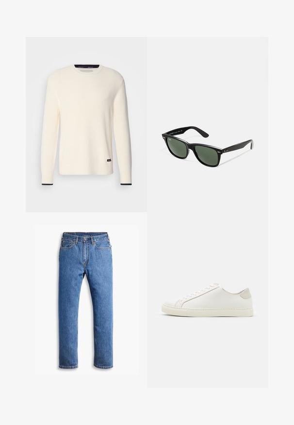 Rippierter Cremepullover mit Rundhalsausschnitt, langen Ärmeln und einem marineblauen Akzent an den Bündchen. Verfügt über ein kleines Logotag am Saum.; Blaue Jeans aus Denim mit geradem Schnitt, mit fünf Taschen, einem Knopfverschluss und orangefarbenen Nähten auf einem klaren weißen Hintergrund.; Weiße Leder Sneakers mit glatter Oberfläche, runder Zehenform und minimalistischem Design. Mit beigen Akzenten an der Ferse und einer Gummisohle.; Schwarze Plastiksonnenbrille mit grünen Gläsern, quadratischen Rahmen, silbernem Akzent auf der Augenbraue und strukturierten Bügeln. Angegebene Marke auf dem inneren Bügel.