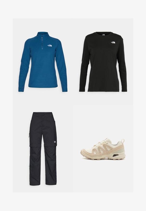 The North Face 100 GLACIER 1/4 ZIP - Fleecepaita - midnight petrol; Musta pitkähihaisen t-paita, joka on valmistettu puuvillasta ja jossa on pyöreä kaula-aukko. Vasemmassa rinnassa on pieni valkoinen logo. Yksinkertainen muotoilu ja istuvuus.; Mustat nailonista valmistetut irrotettavat cargo-housut säädettävillä lahkeilla, useilla taskuilla ja logolla oikeassa jalassa. Liukas, kevyt rakenne.; Beige ja kreemi värvi sportlikud jalanõud, millel on tekstiilne mesh ülemine osa, toetavad ülekatted ja kummist tald, millel on mustripattern haardeks.