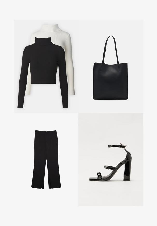 Due maglioni a collo alto a coste: uno nero e uno bianco. Entrambi hanno maniche lunghe e una lunghezza accorciata, realizzati in un morbido tessuto testurizzato.; Pantaloni neri a gamba dritta, con tasche frontali e spacchi laterali all'orlo. Realizzati in tessuto morbido e liscio. Adatti a diverse occasioni.; Sandali con tacco in vernice nera, con punta squadrata, cinturini alla caviglia e fibbie in argento. Presentano un tacco a blocco spesso per maggiore stabilità.; Borsa tote in pelle nera con texture liscia, forma rettangolare e due manici lunghi. Nessun hardware o decorazione visibile.
