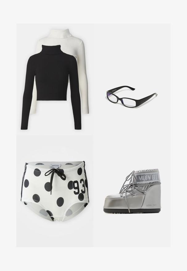 Kaksi ribattua korkeakaulusta: yksi musta, yksi valkoinen. Molemmissa on pitkät hihat ja lyhyt leikkaus, ja ne ovat valmistettu pehmeästä, teksturoidusta kankaasta.; Mustat ja valkoiset pilkulliset uimashortsit, joissa on nyörikiinnitys vyötäröllä, edessä on numero "93" ja ne on valmistettu sileästä, joustavasta kankaasta.; Hopeapintaiset, vedenpitävät saappaat, joissa on pyöreä muoto, tekstuuri pinta ja harmaat nauhat. Yläosassa on suuri "MOON BOOT" -logo.; Mustat suorakulmaiset vahvuuslasit, joissa on kirkkaat linssit. Kiiltävä pinta, kapeat sanganvarret ja violetit sävyt näkyvät linssien reunoilla.