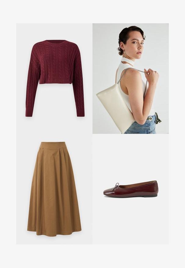 Burgundska skraćena dukserica s uzorkom kabelnog pletenja, dugim rukavima i rebrastim izrezom i manžetama, s teksturiranom tkaninom.; Smeđa pamučna suknja A kroja s visokim strukom, koja ima nabore sprijeda i glatku teksturu. Završetci donjeg ruba su čisti i jednostavni.; Burgundska lakirana balerinka s zaobljenim vrhom, malim mašnom sprijeda i niskom, crnom gumenom potplatu. Glatka tekstura.; Bijela pravokutna torbica s kopčanjem, izrađena od sjajnog materijala, s srebrnim lančićem. Model pozira, prikazujući torbicu na jednostavnoj pozadini.