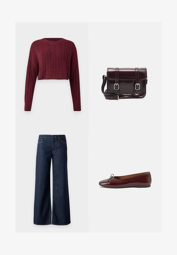 Burgundin värinen lyhyt neule, jossa on näyttävä palmikkokuvio, pitkät hihat sekä ribbaus kauluksessa ja hihoissa, tuoden esiin tekstuurista kangasta.; Suorat lahkeet farkut tummansinisestä denimmistä. Ominaisuuksiin kuuluvat kontrastiväriset ompeleet, viisi taskua ja nappisuljenta vyötäröllä. Sileä pinta.; Burgundin värinen lakattu nahkainen ballerinatossu pyöreällä varvaskärjellä, pienen nauhan yksityiskohdalla edessä ja matalalla mustalla kumipohjalla. Sujuva pinta.; Burgundin värinen lakattu nahkainen olkapussukka, jossa on suorakulmainen muoto, kaksi hihnaa, hopeiset yksityiskohdat ja läppäkiinnitys.