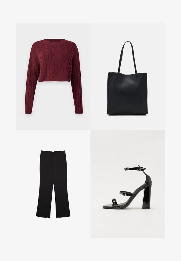 Burgundska skraćena dukserica s uzorkom kabelnog pletenja, dugim rukavima i rebrastim izrezom i manžetama, s teksturiranom tkaninom.; Crne hlače ravnog kroja, s prednjim džepovima i bočnim prorezima na rubu. Izrađene od mekog i glatkog materijala. Pogodne za razne prigode.; Crne lakirane sandale na pete sa kvadratnim nosom, trakama oko gležnja i srebrnim kopčama. Imaju čvrst blok petu za stabilnost.; Crna kožna torba za nošenje s glatkom teksturom, pravokutnim oblikom i dvije duge ručke. Nema vidljivih metalnih dijelova ili ukrasa.