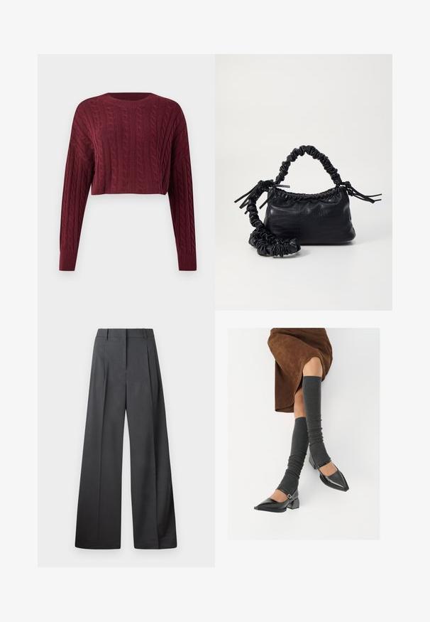 Pulover scurt, burgundy, cu model din tricot cu cabluri, mâneci lungi și guler și manșete cu benzi, prezentând un material texturat.; Pantaloni culți din țesătură gri închis, cu talie înaltă, pliuri simple și o textură netedă, cu o finisare curată la tivuri.; Pantofi negri din piele lacuită, cu vârful ascuțit, toc bloc și curea la glezna, asortați cu jambiere gri cu nervuri și o fustă din suede maro.; Geantă din faux leather neagră cu textură de crocodil, cu partea superioară strânsă și o curea mototolită. Pare moale și compactă ca design.