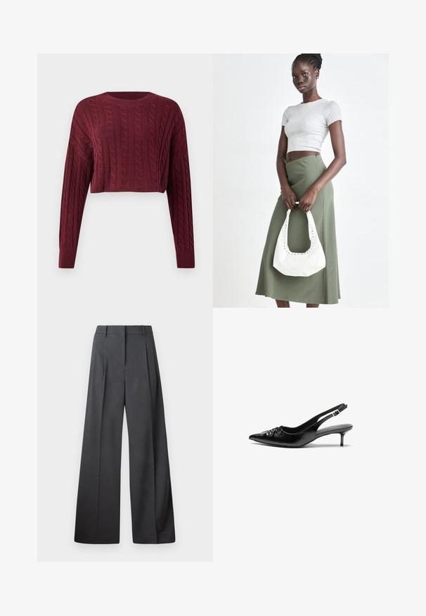 Maglione corto bordeaux con motivo a treccia, maniche lunghe e collo e polsini a coste, in tessuto texturizzato.; Pantaloni a gamba larga in tessuto grigio scuro, con vita alta, pieghe singole e una texture liscia con una finitura pulita sui orli.; Tacchi slingback in pelle nera con punta affusolata, piccolo tacco kitten e un dettaglio a nodo decorativo sulla parte anteriore. Texture liscia su tutta la superficie.; Top crop a coste grigio e gonna a vita alta verde oliva. Il modello tiene una borsa a spalla bianca con dettagli intagliati. Design semplice, silhouette aderente.