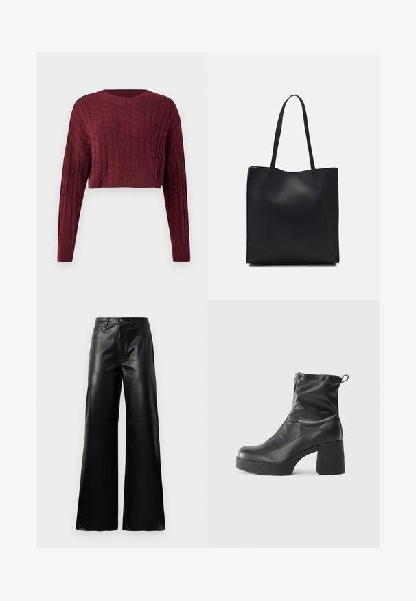 Burgundy cropped sweater with a cable knit pattern, long sleeves, and a ribbed neckline and cuffs, displaying textured fabric.; Black high-waist wide-leg faux leather pants with front button, zip closure, belt loops, and side pockets on white background.; Black ankle boots made of smooth leather, featuring a side zipper, chunky textured heel, and rounded toe design.; Black leather tote bag with smooth texture, rectangular shape, and two long handles. No visible hardware or embellishments.