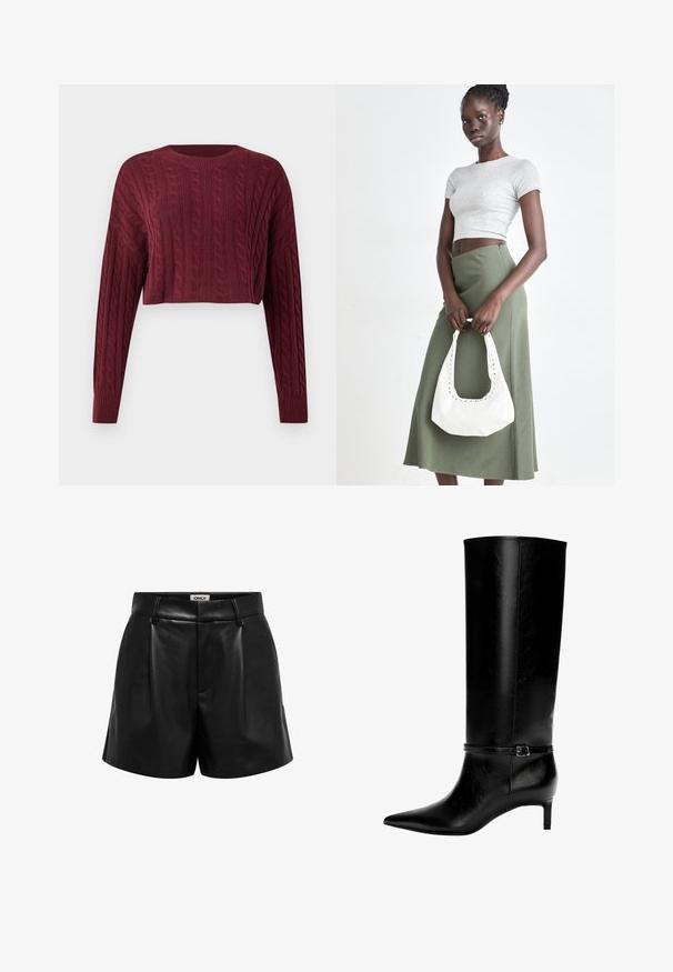 Burgundska skraćena dukserica s uzorkom kabelnog pletenja, dugim rukavima i rebrastim izrezom i manžetama, s teksturiranom tkaninom.; Crne visoke hlače od umjetne kože s petljama za remen, prednjim naborima i skrivenim zatvaračem, s oznakom "ONLY" unutar pojasa.; Crne kožne čizme do koljena s uskim vrhom i malom petom. Imaju usku traku s metalnom kopčom oko gležnja. Glatka tekstura.; Sivi rebrasti crop top i maslinasto zeleni suknja visokog struka. Model drži bijelu torbu preko ramena s izrezima. Jednostavan dizajn, tijesna silueta.