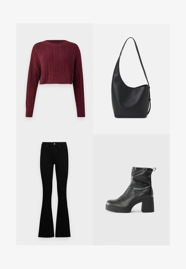 Suéter cropped bordeaux com um padrão de ponto de cabos, mangas longas e um decote e punhos canelados, exibindo um tecido texturizado.; Jeans pretos de cintura alta com fecho de botão e zíper, bolsos frontais e pernas largas dispostos em cima de um fundo branco.; Botas de tornozelo pretas feitas de couro liso, com fecho lateral, salto grosso texturizado e design de bico arredondado.; Saco hobo preto em pele com uma textura lisa, forma curva e uma única alça ajustável; apresenta uma abertura larga na parte de cima.