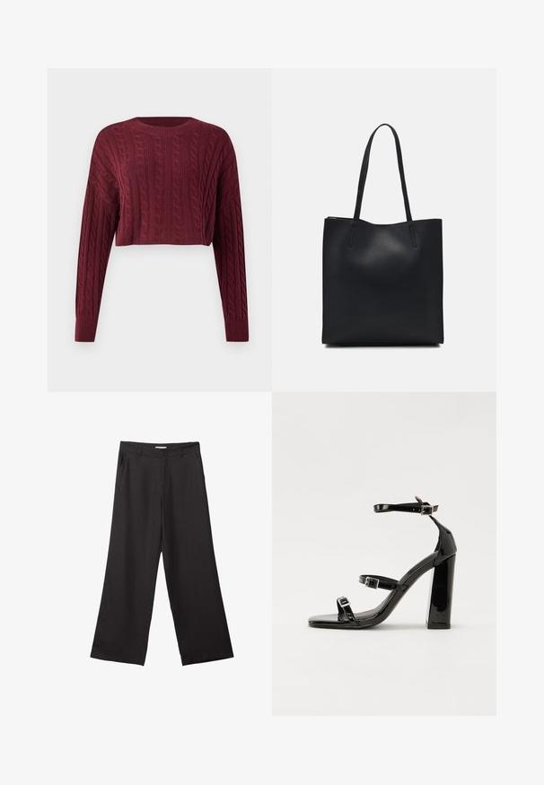 Burgundská skrátená mikina s károvaným vzorom, dlhými rukávmi a ribovaným golierom a manžetami, zobrazuje textúrovanú látku.; Čierne široké nohavice vyrobené z hladkej tkaniny, so zipsom vpredu a dvoma bočnými vreckami, s prispôsobeným strihom a minimalistickým dizajnom.; Čierne lakované sandále na podpätku so štvorcovou špičkou, navlečenými remienkami okolo členku a striebornými prackami. Disponujú masívnym blokovým podpätkom pre stabilitu.; Čierna kožená taška na rameno s hladkým povrchom, obdĺžnikovým tvarom a dvoma dlhými uchami. Bez viditeľného kovania alebo ozdôb.