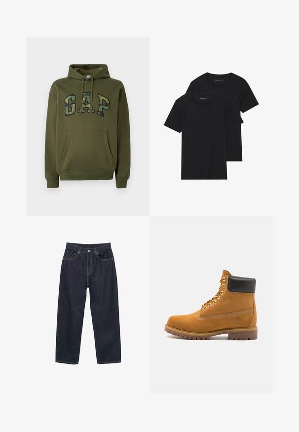 Hanorac verde măsliniu cu buzunar frontal tip kangur, glugă cu șnur și logo-ul "GAP" imprimat în camuflaj pe piept.; Două tricouri negre din bumbac cu mâneci scurte, cu guler rotund și o textură netedă, expuse suprapuse.; Jeans de denim albastru închis cu o croială confortabilă, prezentând cinci buzunare, cusături galbene contrastante și un sistem de închidere cu nasture în față.; Cizmă de gleznă din întoarsă de culoare bej, cu guler negru căptușit, ochiuri din metal auriu, detalii de cusătură albă și talpă din cauciuc robustă, cu un model pronunțat.