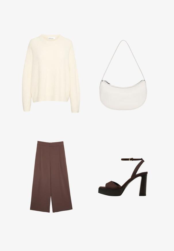 Cremefarbener Pullover aus einem weichen, strukturierten Stoff. Besitzt einen Rundhalsausschnitt und lockere Ärmel mit gerippten Bündchen und Saum.; Braune Weite-Leg-Hosen mit einer glatten Textur, hoher Taille und Vorderfalten. Der Stoff ist leicht und fällt locker.; Braune Wildleder-Pumps mit offenem Zeh, verstellbarem Knöchelriemen und gestreiftem Plateausohlen.; PULL&BEAR HALF MOON - Handtasche - white