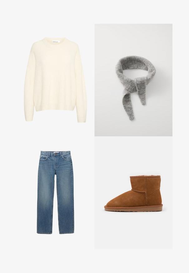 Cremefarbener Pullover aus einem weichen, strukturierten Stoff. Besitzt einen Rundhalsausschnitt und lockere Ärmel mit gerippten Bündchen und Saum.; Hellblaue Jeans aus Denim mit geradem Schnitt, fünf Taschen und Beschlägen in Kupferfarbe. Der Stoff hat eine leichte Ausbleichung und eine glatte Textur.; Braunes Wildleder Stiefeletten mit runder Zehenpartie und weicher Innenausstattung, ausgestattet mit einer flachen Gummisohle und minimalen Nähdetails.; Samsøe Samsøe NOR - Schal - grey melange