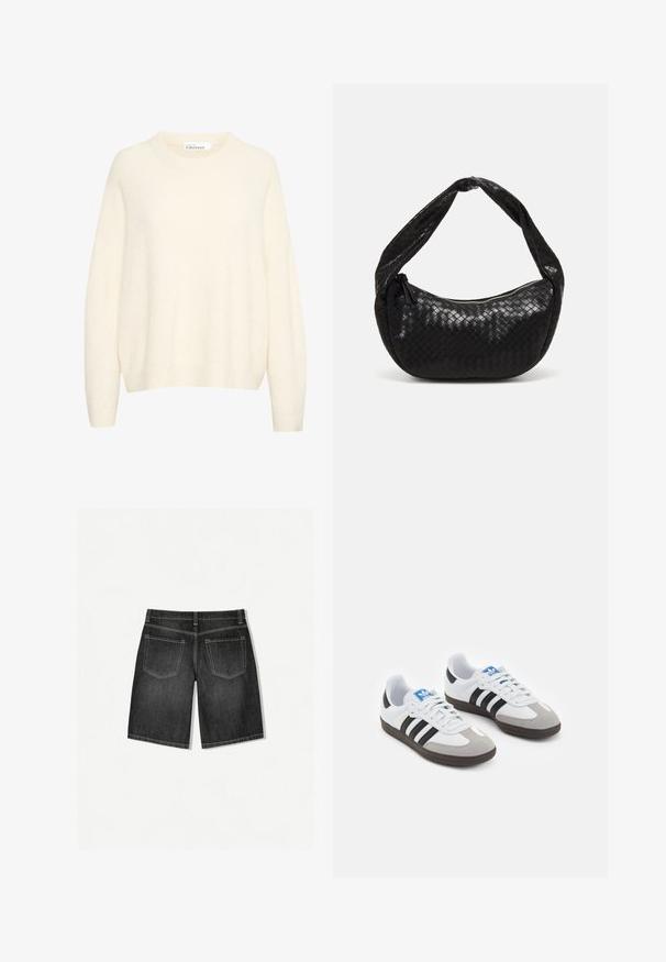 Cream-colored sweater made of a soft, textured fabric. Features a round neck and loose-fitting sleeves, with ribbed cuffs and hem.; Dark gray denim shorts with a straight cut, featuring two back pockets and subtle contrast stitching. The fabric has a smooth texture.; Sport shoes with a white leather upper, gray suede toe, and three black stripes. Features a blue logo on the tongue and a textured rubber sole.; Black woven leather handbag with a curved shape, featuring a thick handle and a zip closure. Textured surface with a glossy finish.