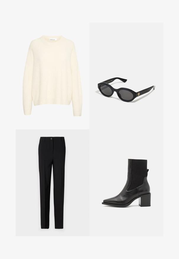 Krém színű pulóver, puha, texturált anyagból készült. Kerek nyakkal és laza ujjakkal rendelkezik, bordázott mandzsettával és alsó szegéllyel.; Fekete, egyenes lábú, szabott nadrág, gombos záródással és övhurkokkal, sima anyagból készült.; Fekete bokacsizma hegyes orral, sima bőrből és elasztikus szövetből készült. Tömör sarokkal és minimalista dizájnnal rendelkezik.; Fekete ovális napszemüveg sötét lencsékkel és fényes műanyag kerettel. Aranyszínű logóval rendelkezik a szárán, amely elegáns és modern megjelenést biztosít.; Kék, mintás, szövetből készült kézitáska, ívelt formával, fekete bőr pánttal és világosabb árnyalatú logóval.