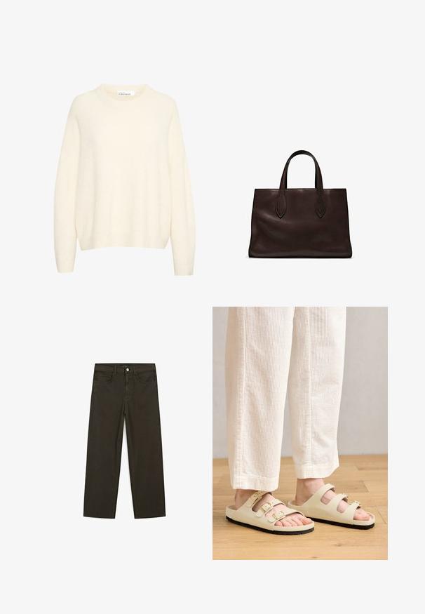 Crème-kleurige trui gemaakt van een zachte, geweven stof. Heeft een ronde hals en losse mouwen, met geribde boorden en zoom.; Donkergroene wijde jeans van een katoenmix, met een sluiting met een voorste knop, vijf zakken en klassieke denimstiksels.; Lichtbeige sandalen met drie verstelbare banden met metalen gespen, een gewatteerde voetbed en een zwarte rubberen zool.; Bruine leren tote bag met twee verlengde handvatten, gestructureerde rechthoekige vorm, gladde textuur en subtiele stiksels.