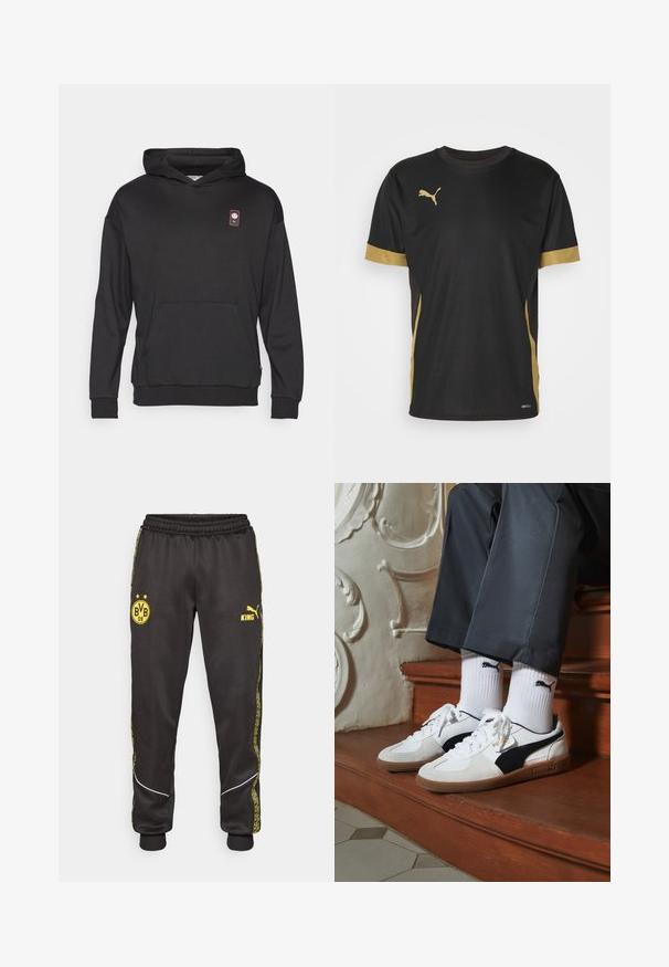 Felpa nera con cappuccio realizzata in tessuto morbido, dotata di una tasca a marsupio frontale, polsini a coste e una piccola patch con logo in alto a sinistra.; T-shirt sportivo nero con dettagli dorati sulle maniche e sui fianchi. Presenta un colletto rotondo, maniche corte e tessuto traspirante DRYCELL.; Pantaloni sportivi neri con loghi gialli di Borussia Dortmund BVB 09 e Puma King, vita elasticizzata e righe laterali gialle con motivo.; Sneakers Puma in suede bianco e nero, con suola in gomma marrone. Abbinati a calzini bianchi con logo nero, indossati con pantaloni scuri.