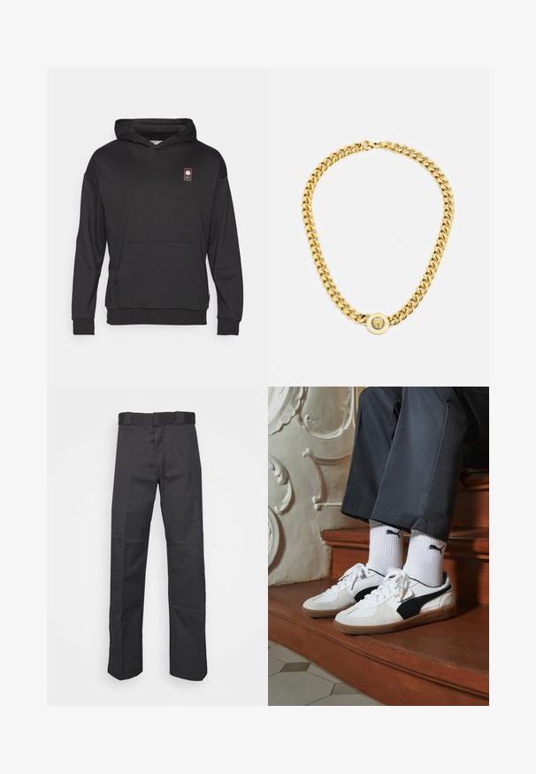 Fleece preta feita de um tecido suave, com um bolso canguru frontal, punhos canelados e um pequeno emblema no canto superior esquerdo.; Calças pretas feitas de um tecido resistente, com um design de perna reta, uma cintura com passantes para cinto e costuras para adicionar textura.; Ténis Puma em camurça branca e preta, com uma sola de borracha castanha. Combinados com meias brancas exibindo um logótipo preto, usados com calças escuras.; Colar de corrente de ouro com grandes elos interligados, apresentando um detalhe em forma de pêndulo circular no centro com um emblema saliente.