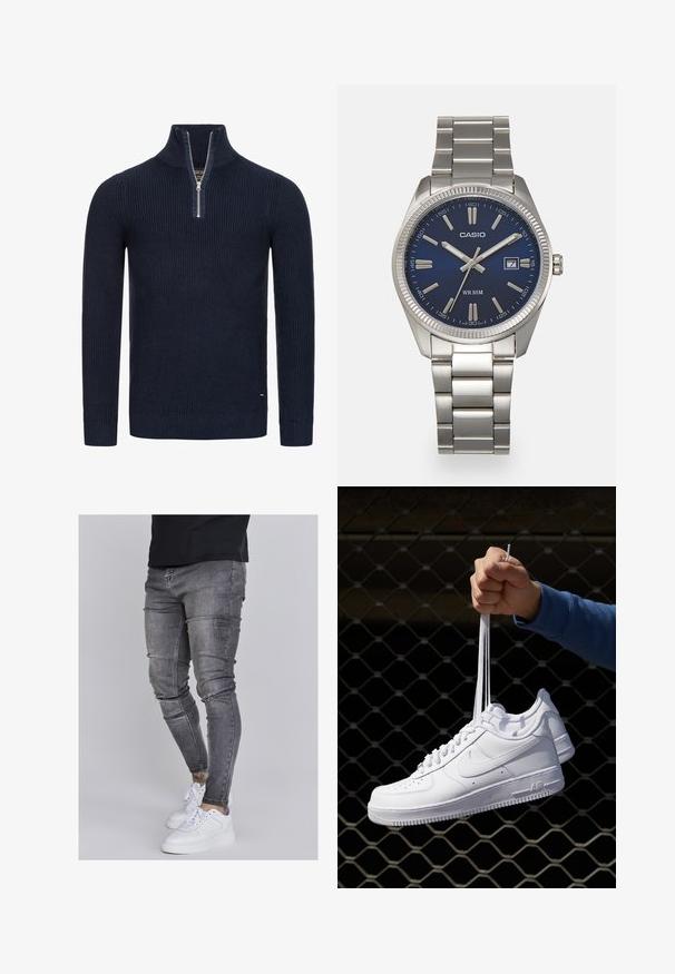 Marine gebreide trui met een hoge kraag en een kwart rits. Kenmerkt zich door een geribbelde textuur en nauwsluitende mouwen. Subtiele branding aan de zijkant.; Skinny jeans in vervaagd grijs denim, met versleten details op de knieën, gecombineerd met witte sneakers. Gladde textuur, slank model.; Witte leren sneakers met perforaties, ronde neus, vlakke zool en dikke veters, met een zichtbare swoosh-logo en "AIR" op de hiel.; Zilveren roestvrijstalen horloge met een marineblauwe wijzerplaat, metalen uurmarkeringen en een datumnis op 3 uur. Waterbestendig tot 50 meter.