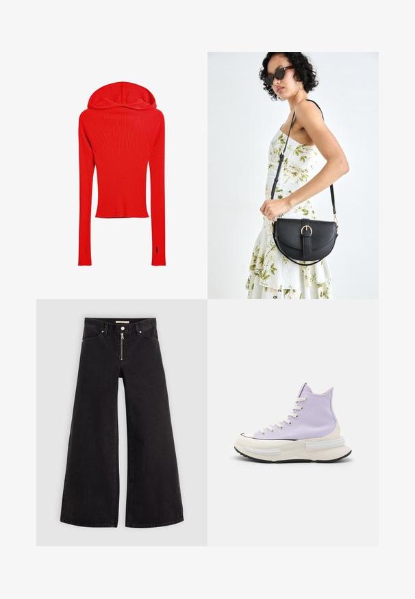 Rode geribbelde longsleeve top met een aansluitend ontwerp, voorzien van een capuchon en duimopeningen aan het einde van de mouwen.; Wijdvallende jeans van zwarte denim met een ritssluiting aan de voorkant, vijf zakken en subtiele stikdetails. Soepele textuur en casual stijl.; Hoge sneakers van lichtpaarse canvas. Dikke witte middenzool met zwarte buitenzool. Voorzien van een ronde neus en beige veters. Minimalistisch ontwerp.; Zwarte leren handtas met een gebogen vorm, afneembare schouderband en gouden hardware. De tas heeft een klep met een gespsluiting.