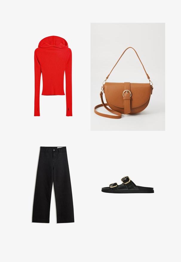 Red ribbed long-sleeve top with a fitted design, featuring a hood and thumbholes at the end of the sleeves.; Black wide-leg denim pants with a high waist, featuring front and back pockets, stitched seams, and a button closure. Smooth texture.; Black slide sandal with two gold buckle accents, smooth textured material, flat sole, and a minimalist design.; Brown leather crossbody bag with a curved shape, gold hardware, and a buckle accent. Features a detachable shoulder strap.