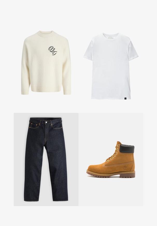 Kremasta pletena džemper s rebrastim manžetama i rubom, s izvezenim crnim logotipom na prednjoj lijevoj strani. Okrugli izrez, opušteni kroj.; Bijela majica uskog kroja od pamuka. Okrugli izrez, kratki rukavi, glatka tekstura. Mali crni logo na rubu. Jednostavan dizajn.; Tamno plave traperice ravnog kroja, s pet džepova, kontrastnim narančastim šavovima i dugmetom za zatvaranje. Nema vidljivih uzoraka ili ukrasa.; Antracitne antilop čizme do gležnjeva s crnim podstavljenim ovratnikom, zlatnim metalnim rupicama, bijelim šavovima i robusnom gumenom potplatom s izraženim šarama.