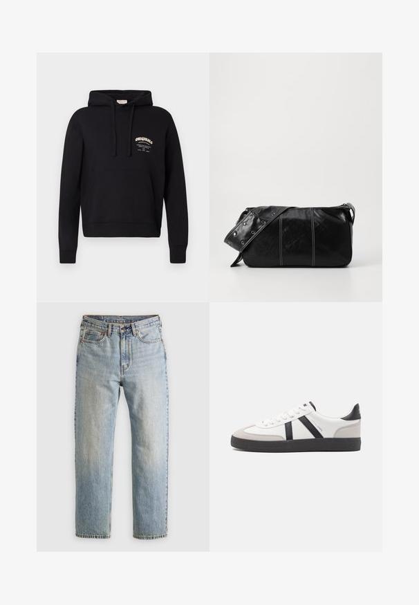 Musta huppari, jossa on etupuolen tasku, nyörillä säädettävä huppu ja valkoinen brändilogo rinnassa. Valmistettu pehmeästä puuvillakankaasta.; Vaaleansininen farkut, joissa on korkea vyötärö, etunappi, vetoketju ja viisi taskua, asetettu tasaisesti neutraalille taustalle.; Valkoiset lenkkarit mustilla ja harmailla yksityiskohdilla, joissa on teksturoitu harmaa kärki, musta kumipohja ja litteät valkoiset nauhat. Siisti muotoilu, minimalistinen tyyli.; Mustakulmainen nahkainen olkalaukku, jossa on vetoketjukiinnitys, teksturoitu pinta, valkoiset ompeleet ja hihna, jossa on hopeiset niitit.