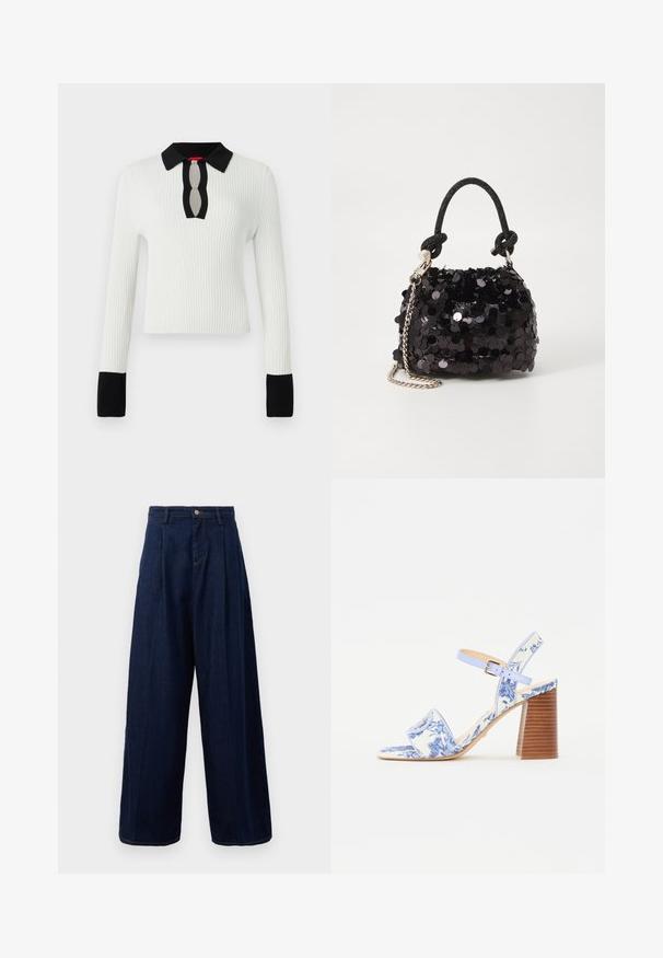 Haut en tricot blanc à côtes avec un col et des poignets noirs, présentant un détail de décolleté en trou de serrure. Manches longues et coupe ajustée.; Pantalons large en denim bleu foncé avec taille haute, devant plissé et fermeture classique à bouton, dotés de poches latérales et de coutures contrastées.; Sandale imprimée de fleurs bleues avec un orteil carré, une large sangle et une sangle de cheville réglable, dotée d'un talon en bois texturé.; Mini sac à main en sequins noirs avec une bandoulière texturée nouée et une chaîne argentée. Forme arrondie avec un haut froncé et des détails réfléchissants.