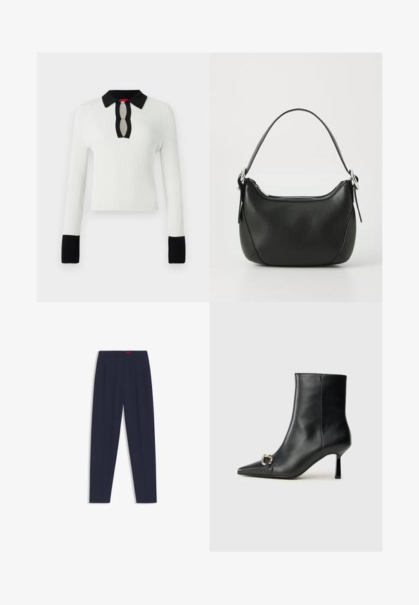 White ribbed knit top with a black collar and cuffs, featuring a keyhole neckline detail. Long sleeves and fitted design.; Navy blue tailored trousers with a smooth texture, featuring front pleats and side pockets. Straight leg design and no visible embellishments.; Black leather ankle boot with pointed toe, slim mid-height heel, and silver buckle detail on side against plain background.; Black leather handbag with a curved shape, silver zipper, and a short handle. Features a subtle logo on the front and smooth texture.