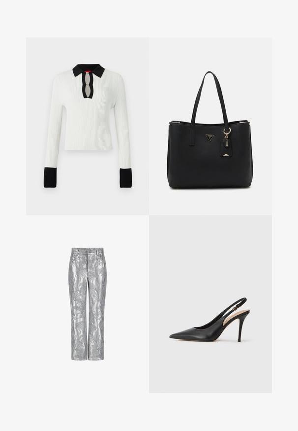 Bijela rebrasta pletena majica s crnim ovratnikom i manžetama, s detaljem urezanog izreza. Dugi rukavi i uski kroj.; Srebrne hlače s vezenim listovima, ravnog kroja, glatke i sjajne teksture. Funkcionalne džepove i kopčanje na dugme.; Crna kožna cipelica s visokom petom i otvorenom petom, s oštrim vrhom, glatkom teksturom i delikatnom trakicom s metalnom kopčom.; Crna torba od teksturiranog sintetičkog materijala, s dva ručka, zlatnom oznakom i malom oznakom s detaljima u boji.
