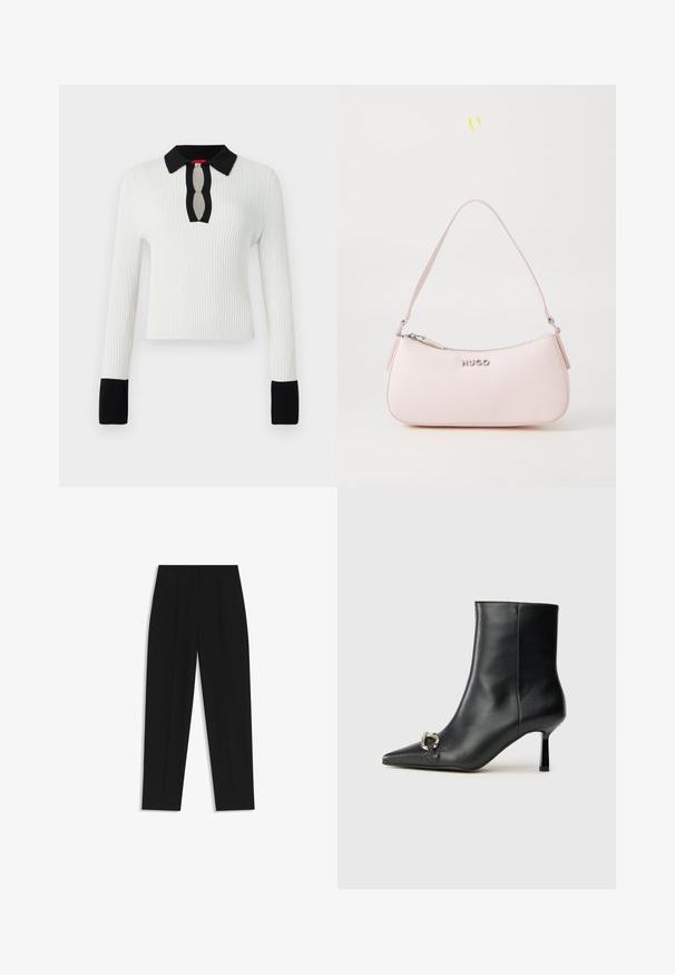 Hvid ribbet striktop med sorte krave- og manchetter, med en nøglehul-udskæring. Lange ærmer og figursyet design.; Sorte bukser med lige pasform, der har dobbelte folder, en glat tekstur og et klassisk taljedesign. Ingen synlige hardware eller accenter.; Sort læder ankelstøvle med spidse tæer, slank hæl i mellemhøjde og sølvspænde detaljer på siden mod en ensfarvet baggrund.; Rosa læderhåndtaske med et buet design, lynlåslukning og skulderrem. Har et sølvlogo foran.