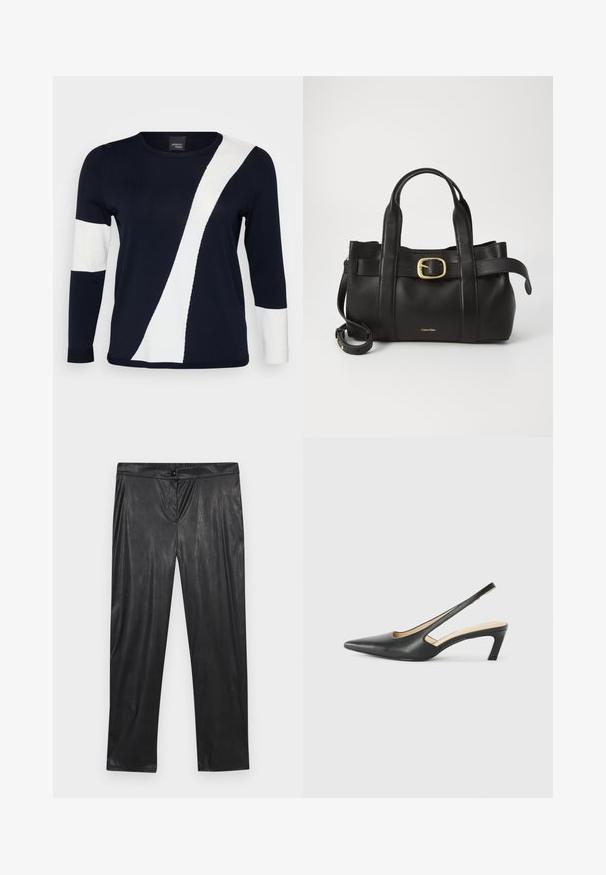 Pullover azul marinho com mangas longas, apresenta um design diagonal em branco e detalhes brancos nas mangas. Feito de um material de malha suave.; Calças pretas de pele sintética com uma textura suave, pernas ajustadas, cintura elástica e um detalhe em botão na frente.; Sandal com bico fino e calcanhar baixo, em couro liso, com um design recortado na lateral para respirabilidade.; Bolsa de couro preto com um design estruturado, alças superiores duplas, detalhe de fivela em tom dourado e logotipo da marca em relevo na frente.