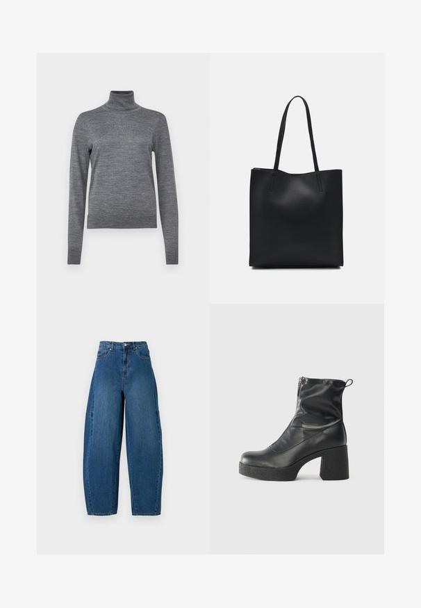 GAP Πουλόβερ - charcoal heather; Τζιν παντελόνι σε μεσαία μπλε απόχρωση, με ψηλή μέση, φαρδιά κοπή ποδιού και τυπικό σχέδιο πέντε τσεπών με εμφανείς ραφές.; Μαύρες μποτές μέχρι τον αστράγαλο από λείο δέρμα, με πλευρικό φερμουάρ, χοντρό υφασμάτινο τακούνι και στρογγυλή μύτη.; Μαύρη δερμάτινη τσάντα tote με λείο υφή, ορθογώνιο σχήμα και δύο μακριές λαβές. Χωρίς ορατό υλικό ή διακοσμητικά στοιχεία.