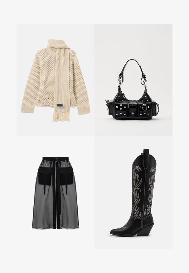 Béžový pletený svetr se strukturou a odpovídajícím žebrovaným šálkem se třásněmi a štítkem značky, oba položeny na bílé pozadí.; Černá průhledná sukně s nařaseným pasem, která má dvě velké přední kapsy, páskový uzávěr a kulatý kovový akcent.; Černé kožené kovbojské boty s špičatými špičkami, podpatky ve tvaru klínu a stříbrně vyšívanými květinovými vzory po celé délce. Kontrastní prošívání po celém obvodu.; Černá kožená kabelka s křivkovým designem, zdobená stříbrnými hřebíky, s přezkou a dvěma bočními kapsami. Nastavitelný popruh pro různé možnosti nošení.