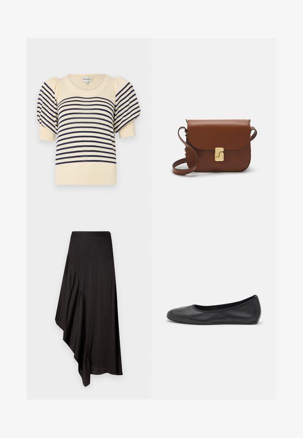Krém színű pulóver kék vízszintes csíkokkal. Rövid puffos ujjak és kerek ribbelt nyakú gallér jellemzi. Puha kötött anyag.; AERON ASTER SKIRT - Ceruzaszoknya - black; Fekete bőr balettcipő lekerekített orral, sima tekstúrával, minimális varrással és rugalmas talp kialakítással.; Barna bőr kézitáska, hajtókás zárással, arany színű fém kiegészítőkkel, vállpánttal és sima felülettel. Kompakt téglalap alakú.