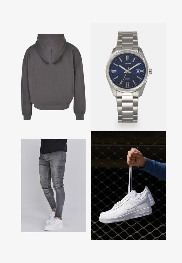Šedá zkrácená mikina s kapucí na šňůrku, žebrovanými manžetami a lemem. Měkká textilie s hladkým, minimalistickým designem.; Slim fit džíny v bledě šedém denimovém provedení, s opotřebovanými detaily na kolenou, kombinované s bílými teniskami. Hladká textura, těsný střih.; Bílé kožené tenisky s perforacemi, kulatou špičkou, plochou podrážkou a silnými tkaničkami, které mají viditelné logo swoosh a nápis "AIR" na patě.; Stříbrný nerezový náramkový hodinky s navy modrým ciferníkem, kovovými hodinovými značkami a oknem pro datum na hodině 3. Vodotěsné do 50 metrů.