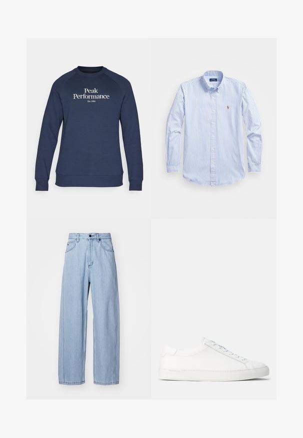 Peak Performance ORIGINAL CREW-BLACK-OFFWHITE - Melegítőfelső - blue shadow/offwhite; Világoskék és fehér csíkos gombos ing klasszikus gallérral, hosszú ujjakkal, és egy apró hímzett logóval a mellkasán.; Világoskék farmernadrág széles lábakkal, elülső zsebekkel, gombos záródással és részletes varrással az illesztéseknél.; Fehér bőr sportcipő sima felülettel, lekerekített formával, lapos gumitalppal és fehér fűzőkkel. Minimalista dizájnnal és diszkrét márkajelzéssel rendelkezik.