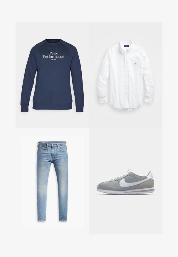 Peak Performance ORIGINAL CREW-BLACK-OFFWHITE - Mikina - blue shadow/offwhite; Biele dlhé rukávy košele so zapínaním na gombíky z bavlny. Má klasický golier, gombíkové manžety a malú tmavomodrú vyšitú logo na hrudi.; Svetlo modré úzke džínsy s miernym prehrdzavením na stehnách, predným gombíkovým zapínaním, pútkami na opasok a štýlom s piatimi vreckami na bielom pozadí.; Sivé športové tenisky s vrchom z semišu a textilu, bielym logom Nike a bielymi šnúrkami. Majú štruktúrovanú gumenú podrážku a polstrovaný golier.