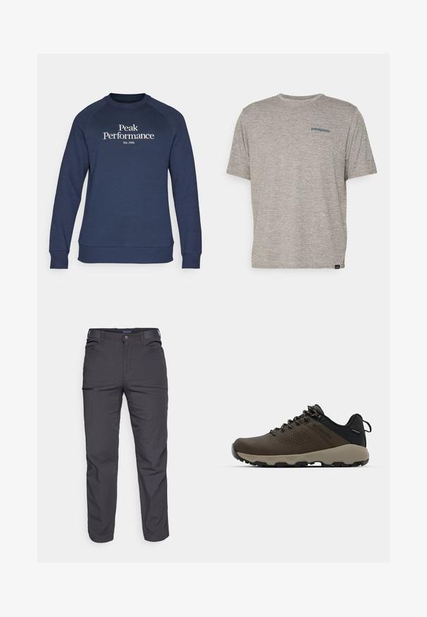 Peak Performance ORIGINAL CREW-BLACK-OFFWHITE - Sportska majica - blue shadow/offwhite; Siva majica kratkih rukava izrađena od mekane, teksturirane tkanine s malim plavim Patagonia logotipom na lijevoj strani prsiju. Bez dodatnih uzoraka.; Tamno sivi hlače od izdržljive tkanine, s patentnim zatvaračem na džepu, ravnog kroja i s petljama za remen za podešavanje veličine.; Smeđe vodootporne tenisice s teksturiranom gornjom i perforiranim detaljima, crnom potporom za petu i sivim gumiranim potplatom. Čipke su stilizirane s metalnim krajevima.
