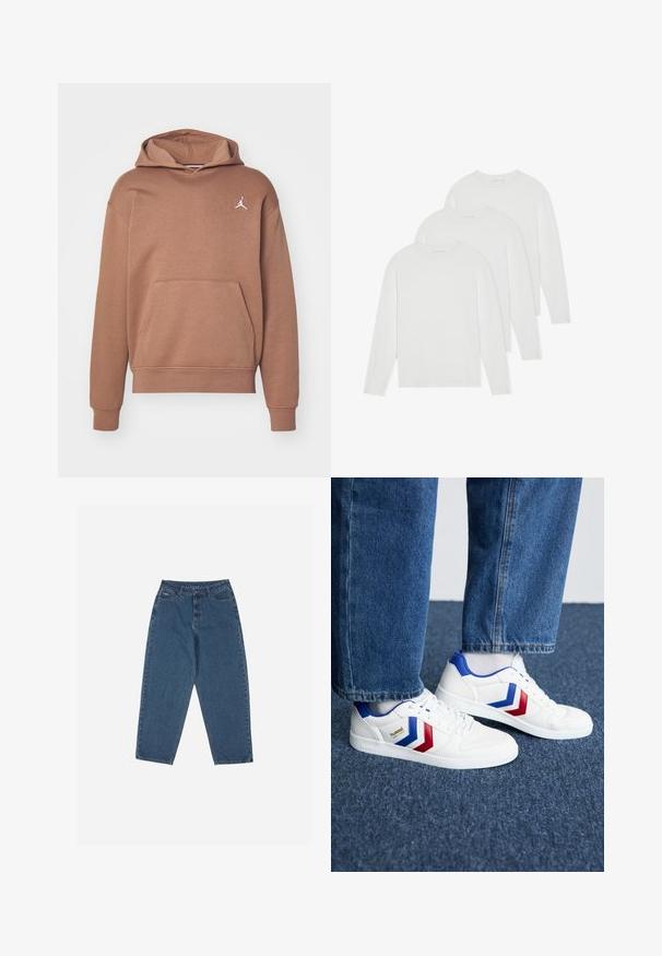 Pruun kapuutsiga sviiter, mis on valmistatud pehmest kangast, millel on känguru tasku, soonikkoes varrukad ja valge Jumpman logo rindkeres.; Kolm ühesugust pika varrukaga T-särki, mis on täiesti valged. Valmistatud pehmest ja kergest kangast, ümmarguse kaelaaugu ning lihtsa, dekoratsioonita disainiga.; Sinised teksased, mis on lõdva lõikega, kõrge vöökohaga, viie tasku disainiga ja õmblusaktsentidega. Omab nupuga ja tõmblukuga sulgemist.; Valged sneekrid siniste ja punaste chevron aktsentidega, tekstureeritud nahaga, ümmarguse varbaga ja lamedate kummist tallaga, koos siniste teksapükstega.