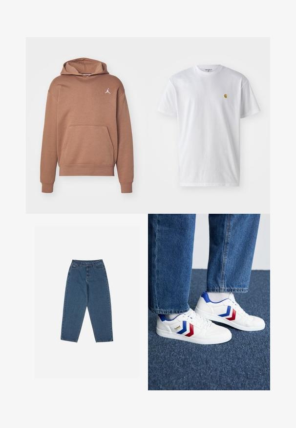 Brun hoodie i mjukt tyg, med en känguruficka, ribbade ärmslut och en vit Jumpman-logotyp på bröstet.; Vit bomullströja med korta ärmar, rund halsringning, med en liten guldlogotyp på vänster bröstområde. Mjuk textur och vanlig passform.; Blå denimjeans med avslappnad passform, hög medium, femficksdesign och sömnadsdetaljer. Har knapp- och dragkedjestängning.; Vita sneakers med blå och röda chevron-accenter, texturerat läder, rund tå och platt gummisula, kombinerat med blå denimbyxor.